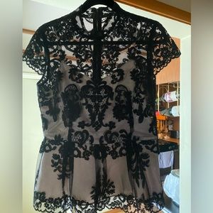 Boston Proper black lace peplum top. High neck, Back zipper, cap sleeves